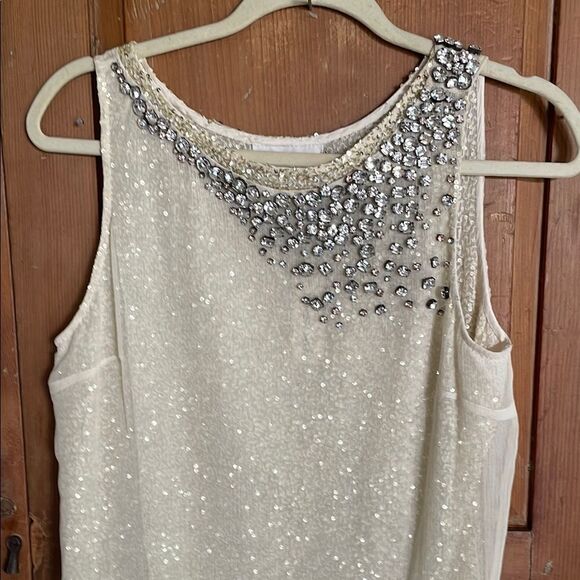 Elijah Cream Crystal and sequin embellished Sleeveless Silk shift Dress NWT - Picture 3 of 12